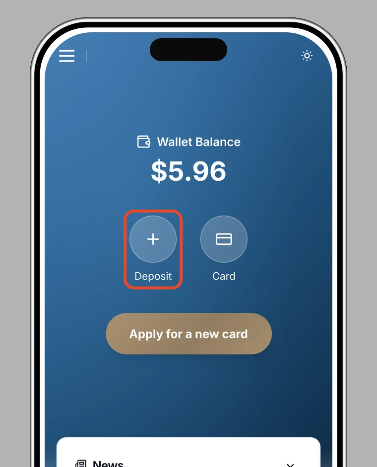 Home screen with the Deposit button highlighted