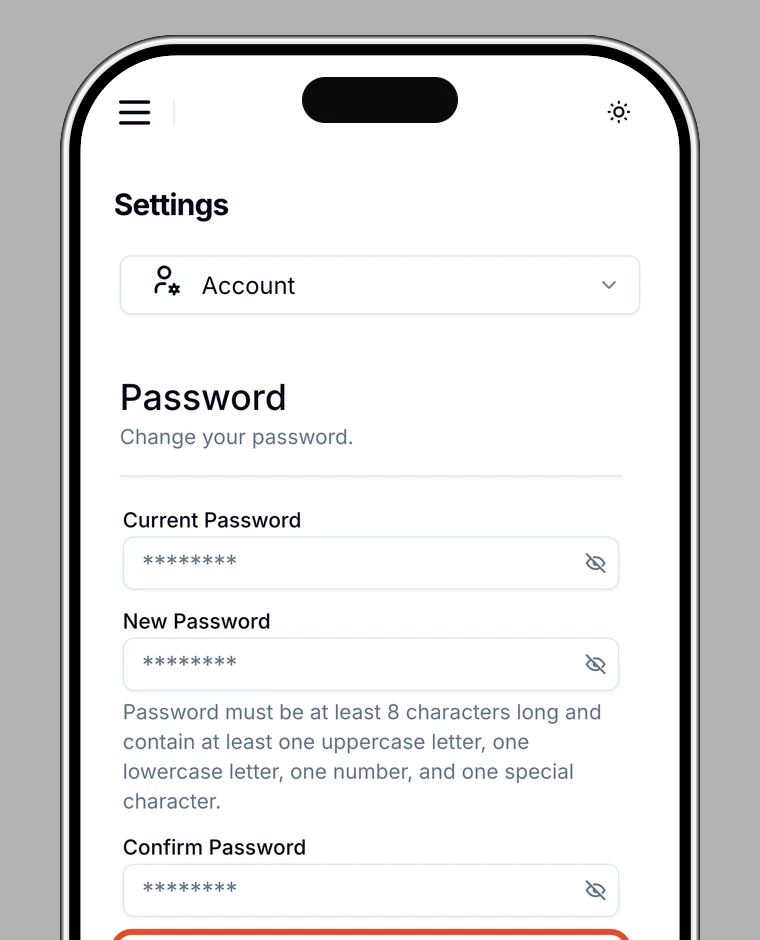 Password screen with Change Password highlighted