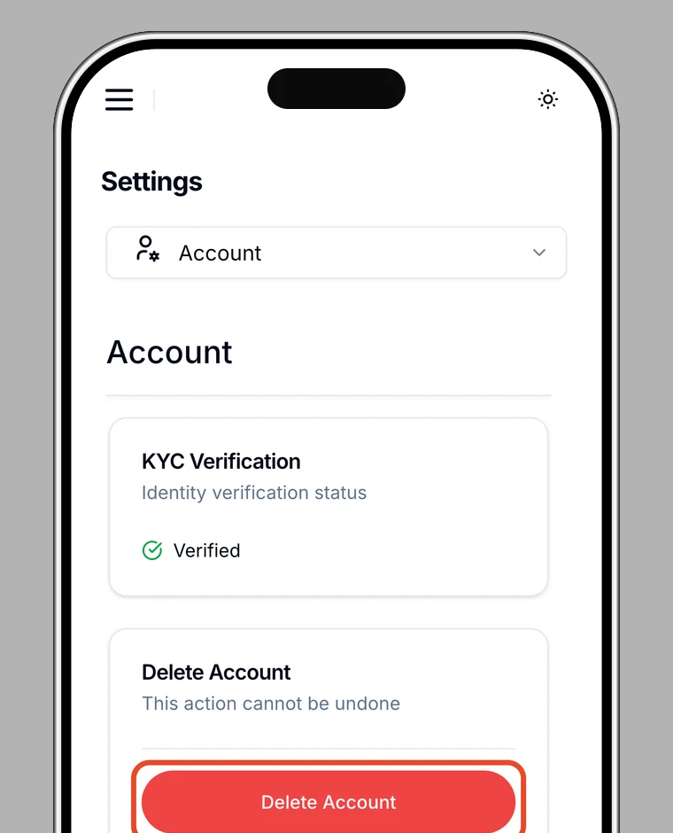 Settings screen with Delete Account highlighted