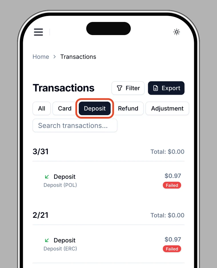 Transactions filtered to deposits