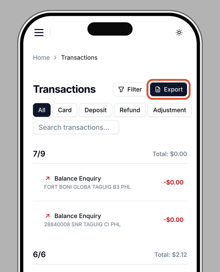 Transactions screen with Export highlighted