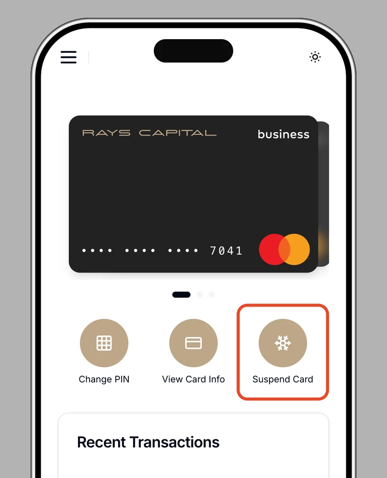 Card screen with Suspend card highlighted