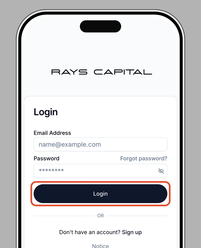 Login screen with the Log in button highlighted