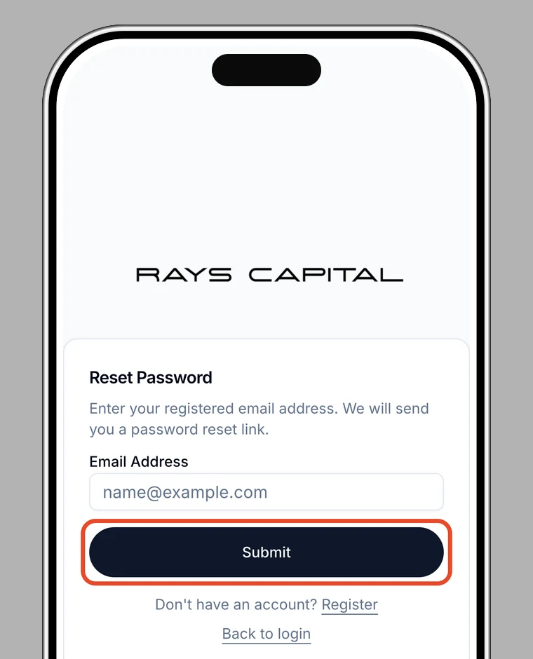 Password reset screen with Submit highlighted