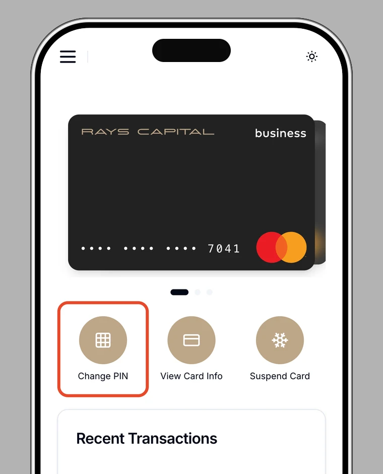 Card screen with Change PIN highlighted