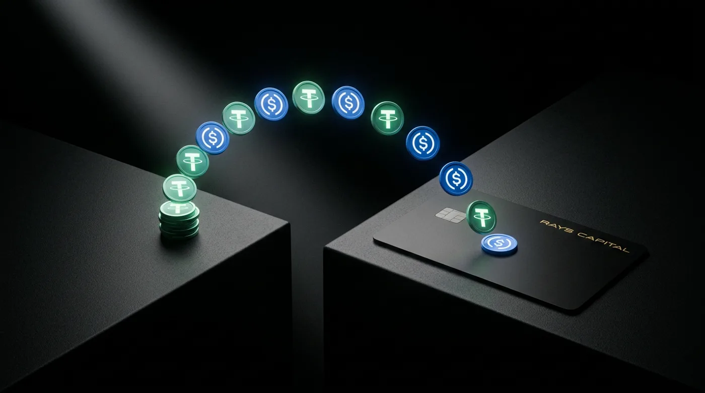 USDT and USDC coins arcing across a gap and landing on the RAYS CARD