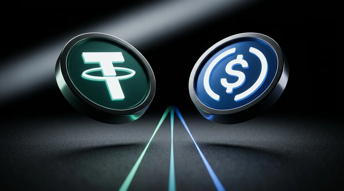 USDT and USDC coins above three luminous network paths