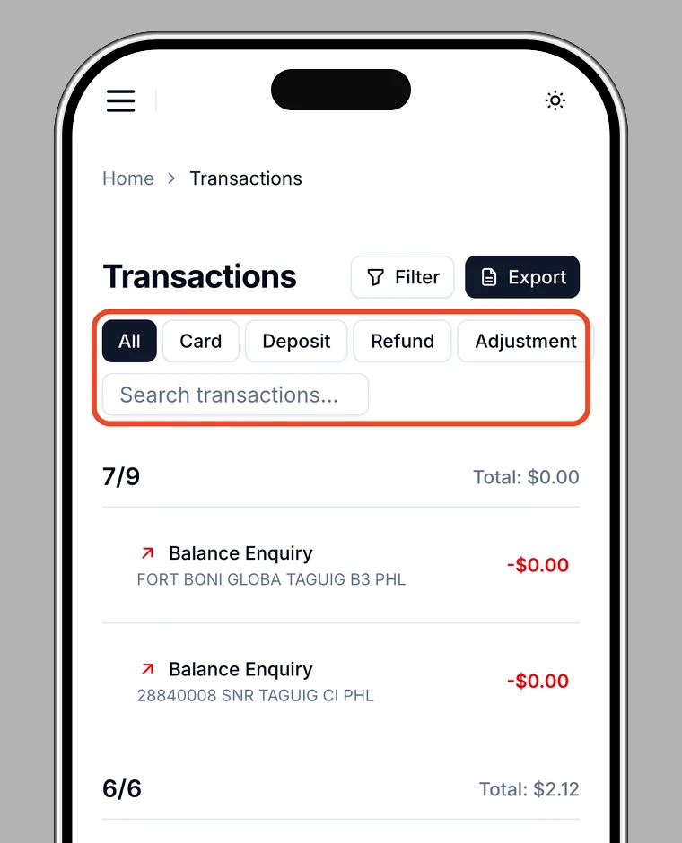 Transactions screen with the type tabs highlighted