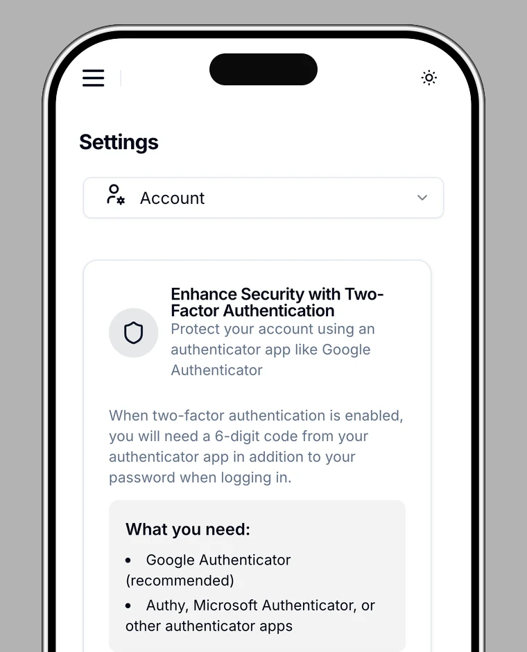 Two-factor authentication screen with Start Setup highlighted