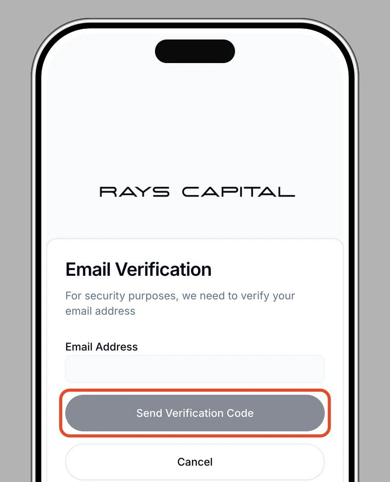 Email verification screen with Send Verification Code highlighted