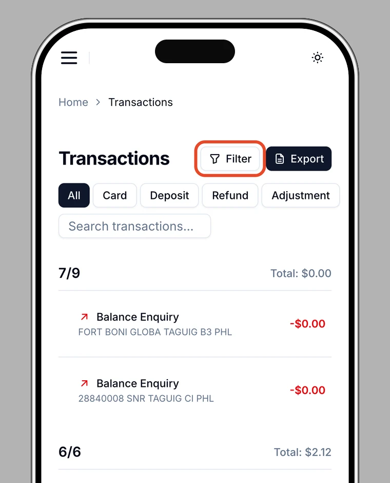 Transactions screen with Filter highlighted